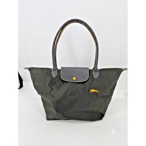 Longchamp Le Pliage Tote Bag Green/Gray Nylon Leather Classic  Logo Embroidery